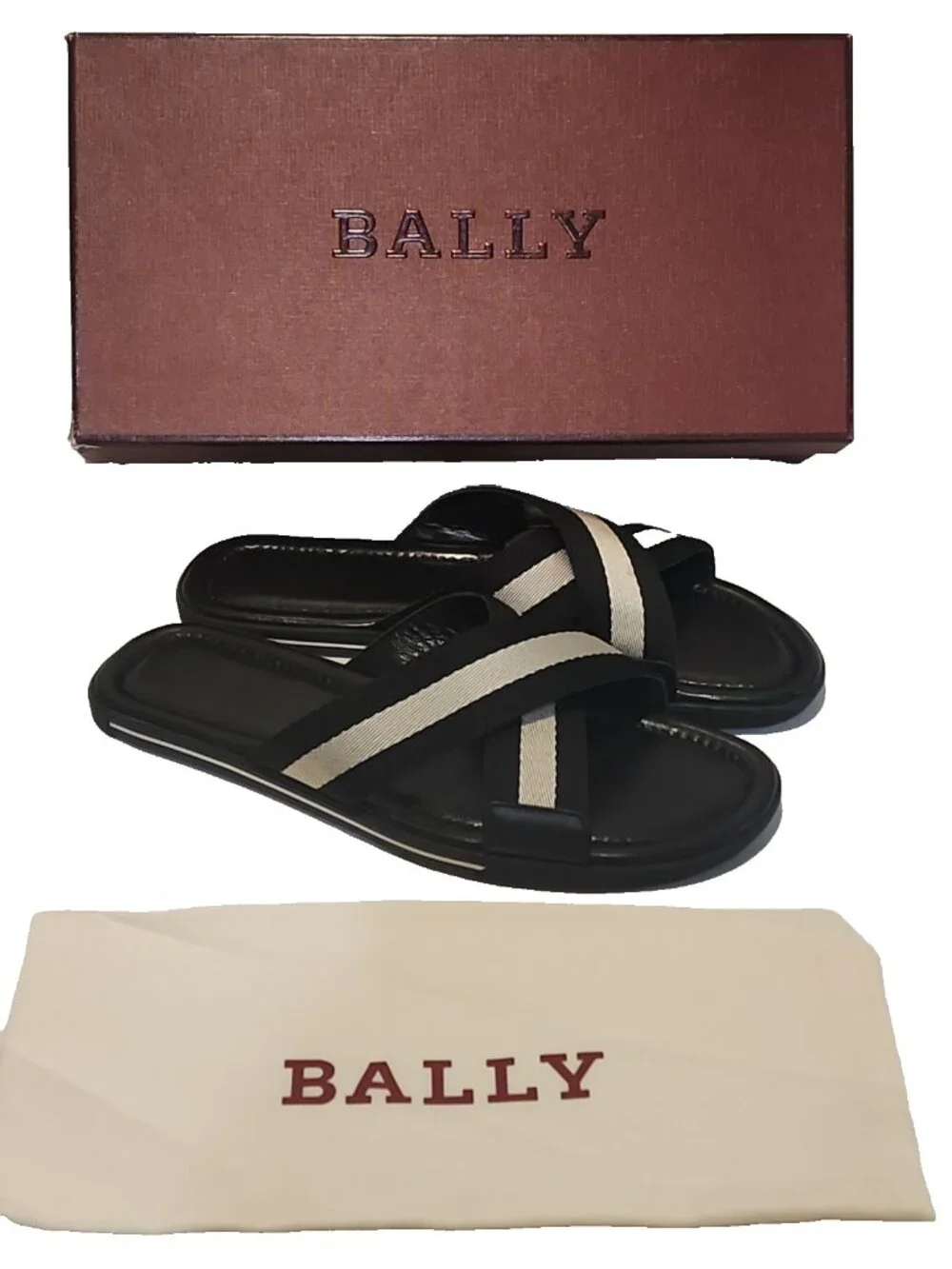 Bally Black Sandals with Cream Cross-Strap Detail